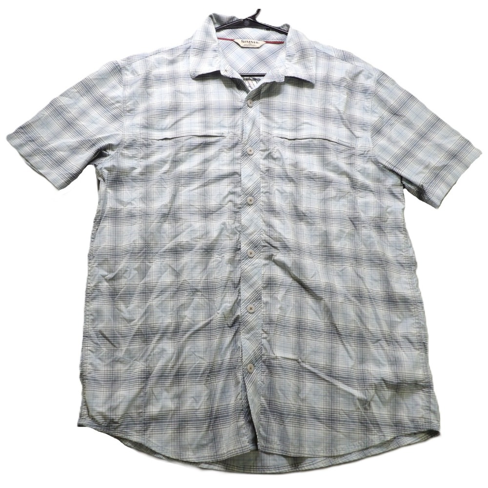 Simms Men M Short Sleeves Plaid Button Fishing Shirt brrr Nylon Lightweight Blue